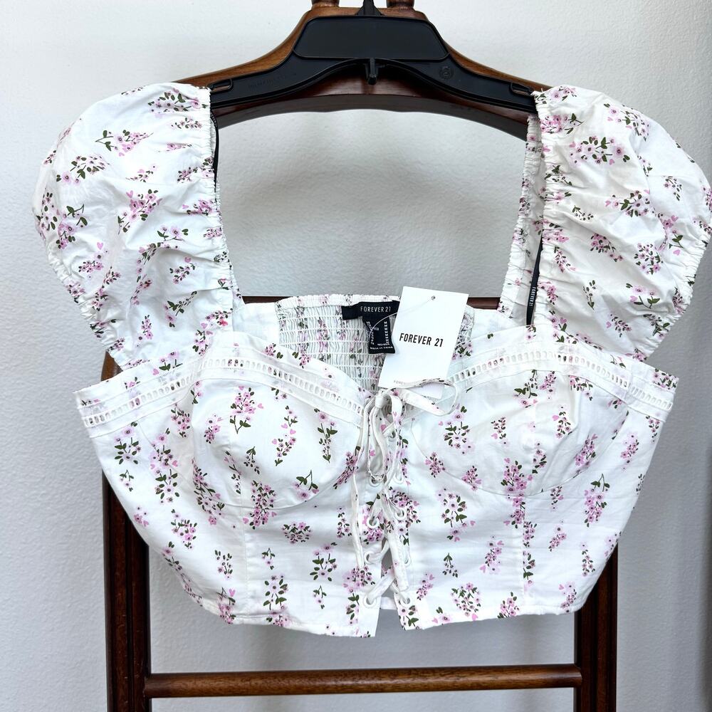 NWT Forever 21 Babydoll Floral Corset Crop Top Puff Sleeve White Pink Size L